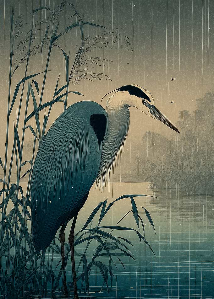 Great Blue Heron in the Rain - Moody Wetland Bird Art