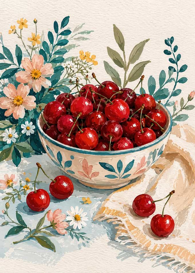 Still Life Painting of Cherries