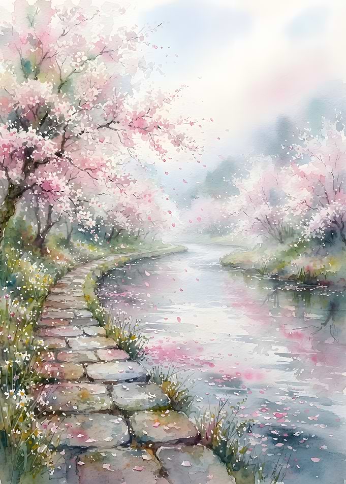 Watercolor Cherry Blossom River Path