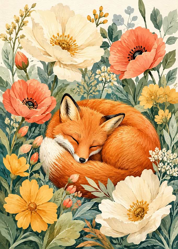 Sleeping Fox in a Floral Meadow