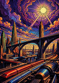 Futuristic Cityscape with Trains and Sun