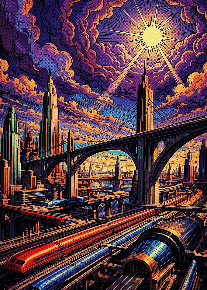 Futuristic Cityscape with Trains and Sun