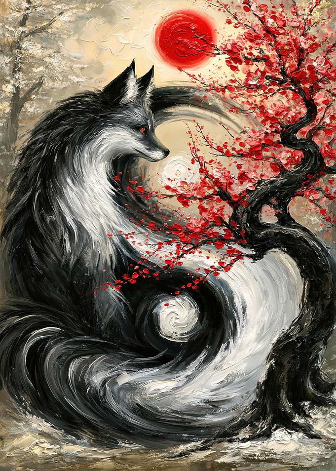 Black Wolf and Red Cherry Blossom