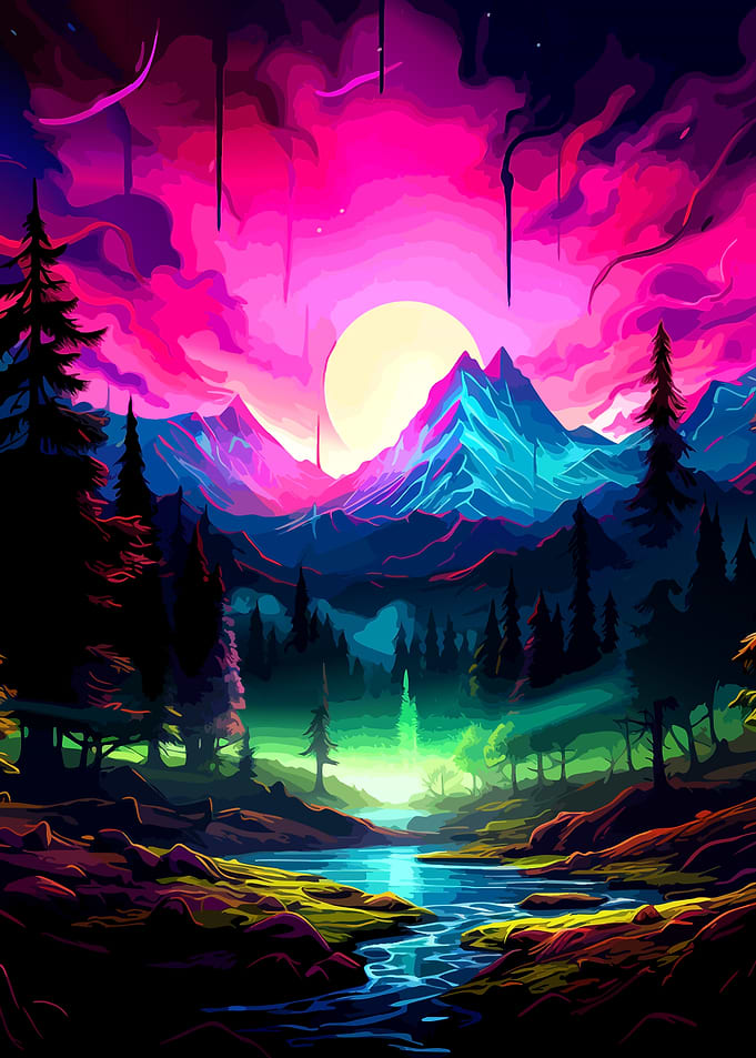 Vibrant Neon Mountain Landscape