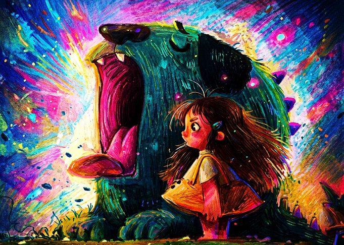 Girl and Roaring Colorful Monster