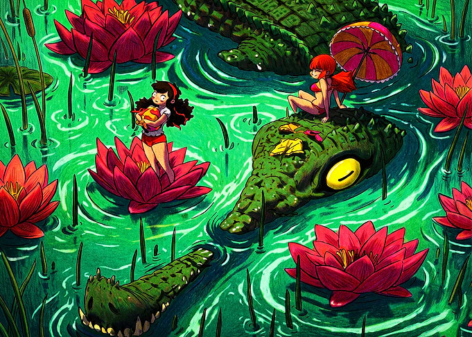 Anime Girls Relaxing on Giant Crocodiles