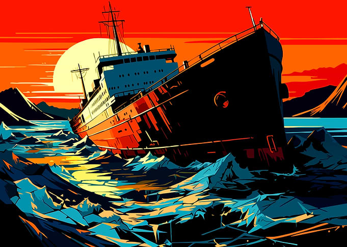 Ship navigating through icy waters