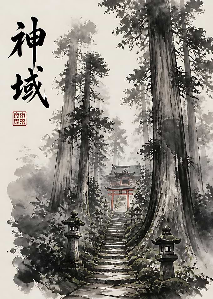 Traditional Japanese Forest Temple Ink Wash
