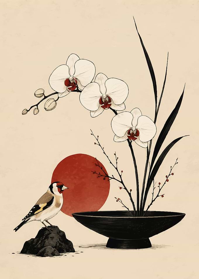 Minimalist Japanese Orchid and Bird Art