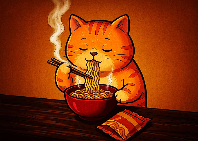 Cute Orange Cat Eating Ramen