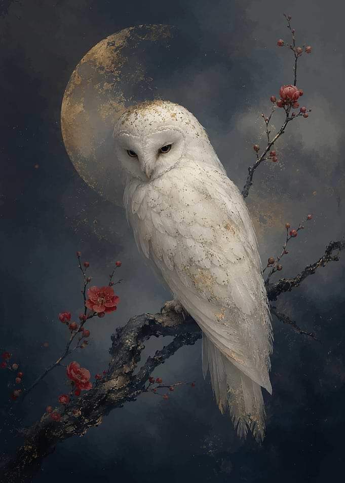 White Owl on Flowering Branch