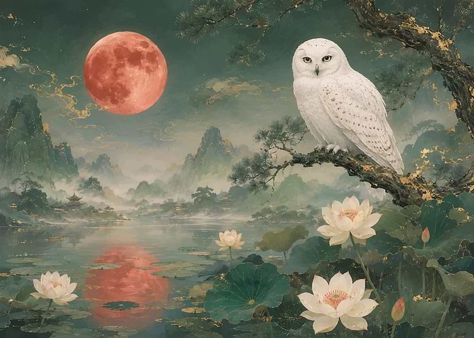 Snowy Owl Under Red Moon