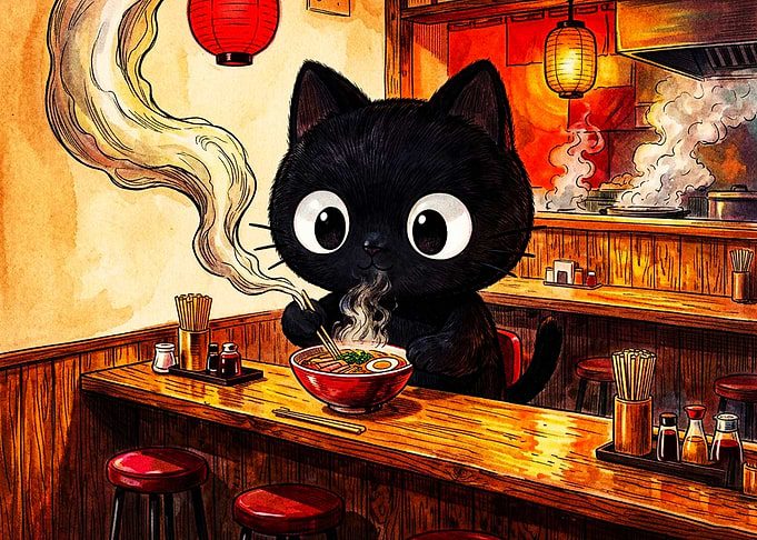 Cute Black Cat Eating Ramen