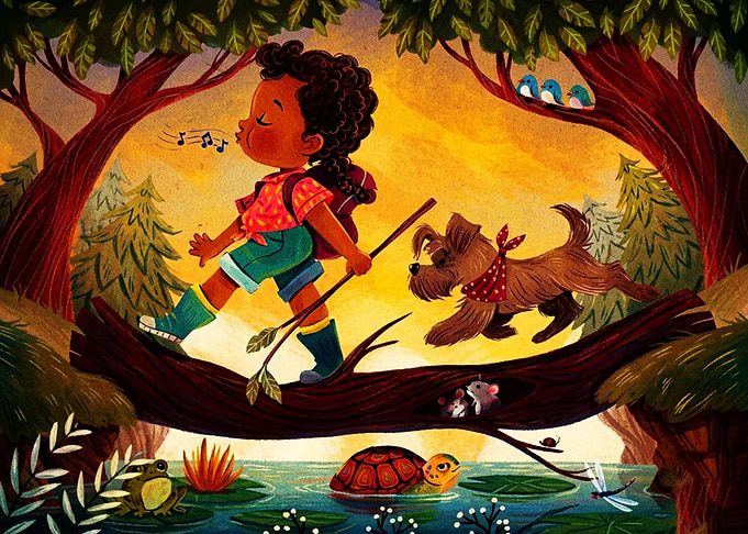 Child Hiking with Dog in Forest
