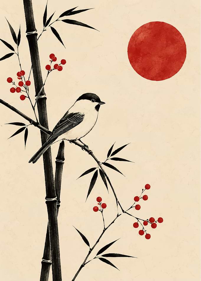 Bird on Bamboo with Red Sun