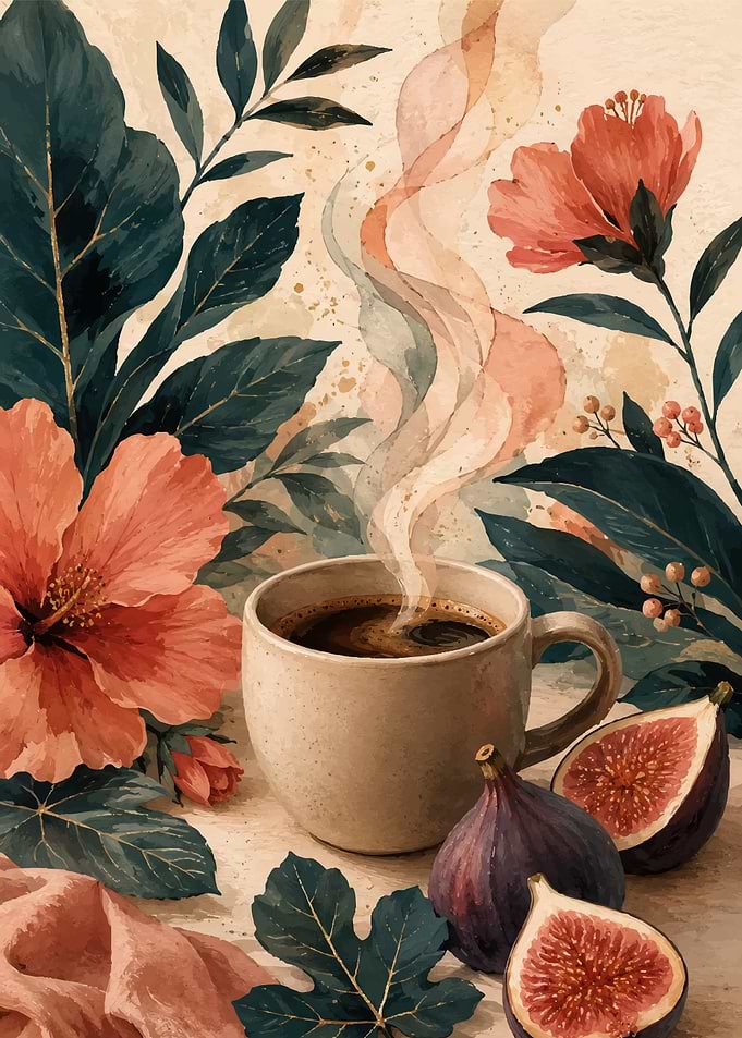 Steaming Coffee with Figs and Flowers