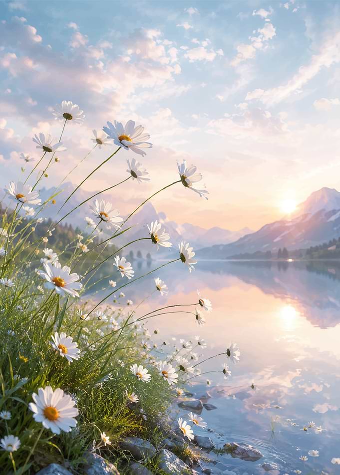 Daisies by a Serene Mountain Lake