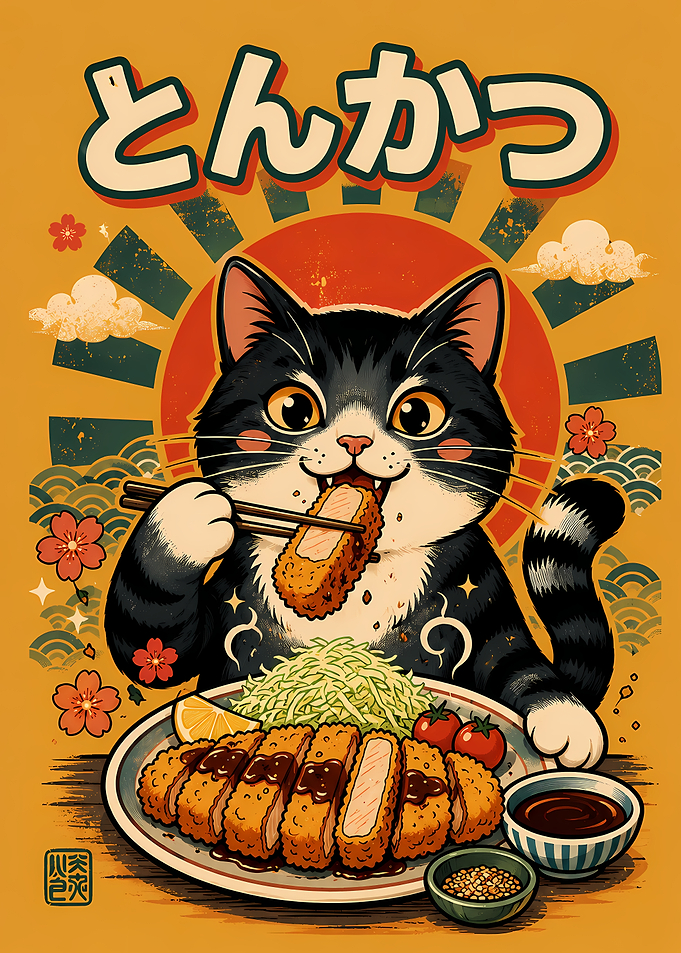 Cute Cat Eating Tonkatsu Poster