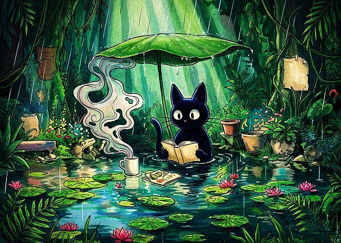 Black Cat Reading in Rainy Pond