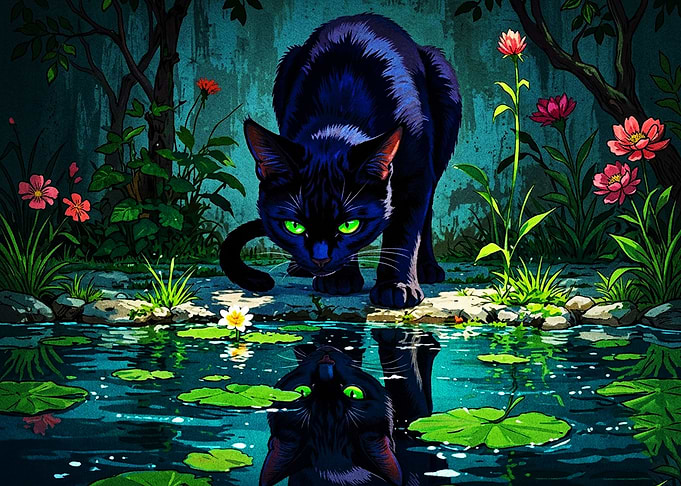 Black Cat Reflecting in Pond
