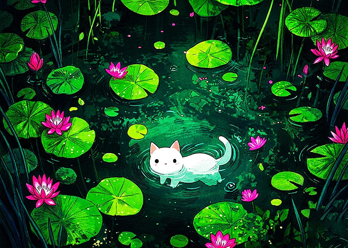 Cute White Cat Swimming in Pond