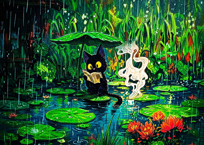 Black Cat Reading Under Lotus Leaf