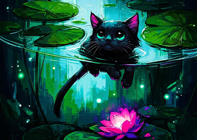 Black Cat Swimming in Pond