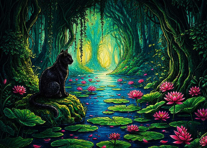 Black Cat in Enchanted Lotus Pond