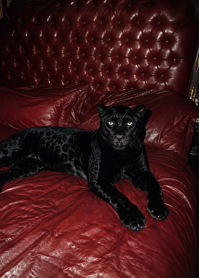 Black Panther on Red Leather Bed