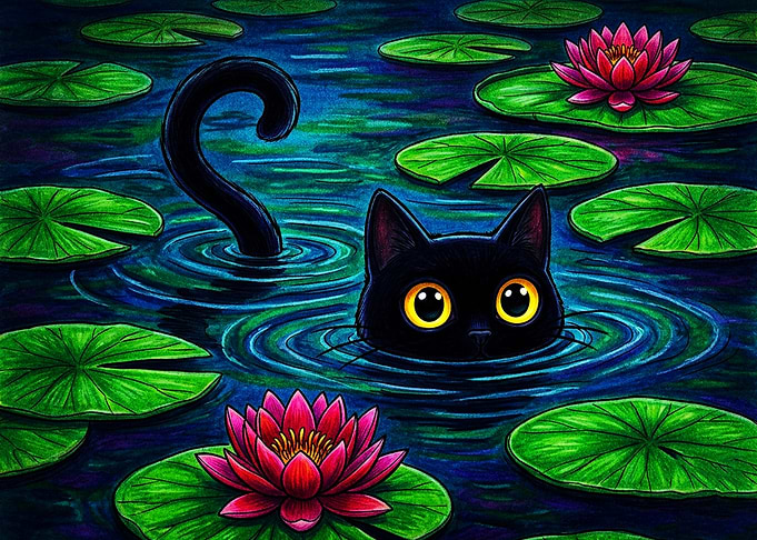 Black Cat Swimming in Pond