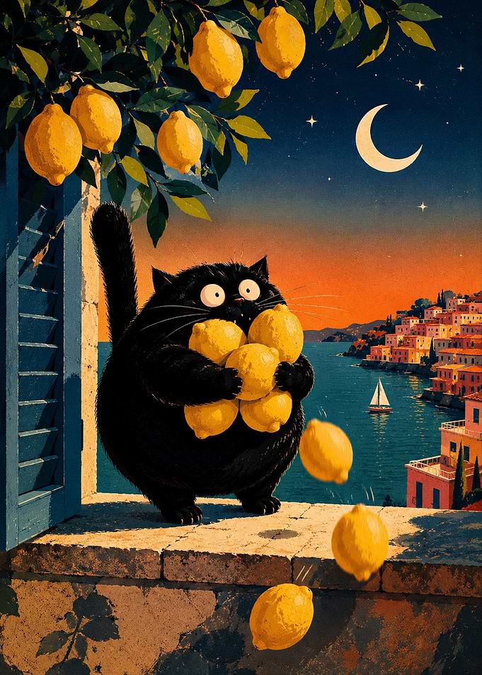 Funny Black Cat Harvesting Lemons