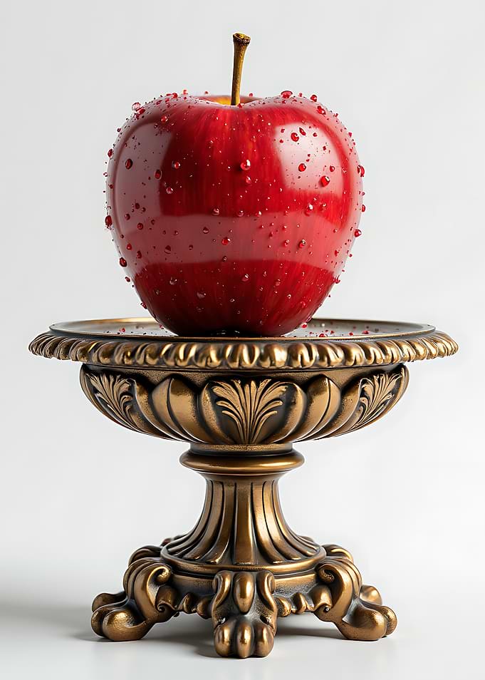 Red Apple on Ornate Bronze Pedestal