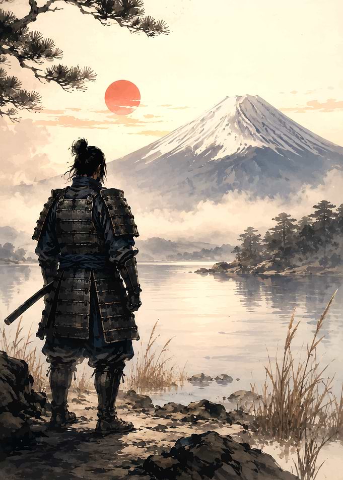 Samurai Standing Before Mount Fuji