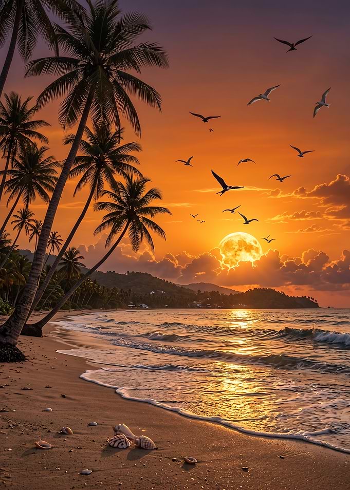 Tropical Beach Sunset with Full Moon