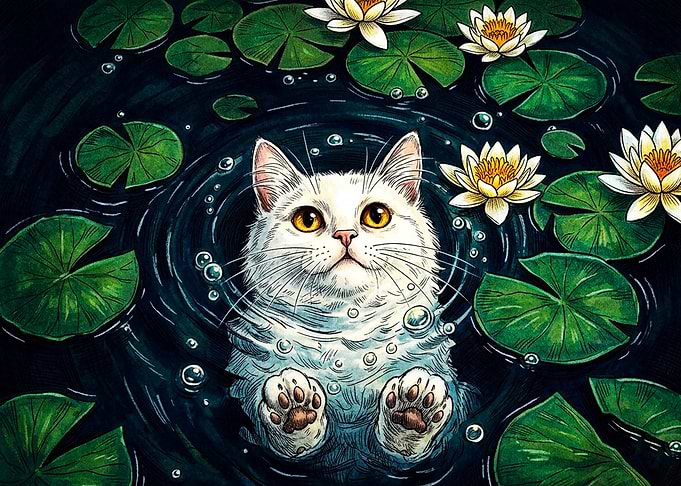 White Cat Swimming in Lily Pond