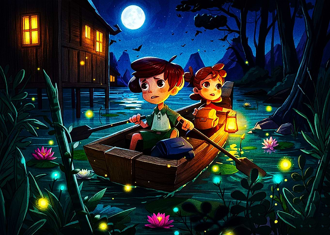 Children rowing boat at night