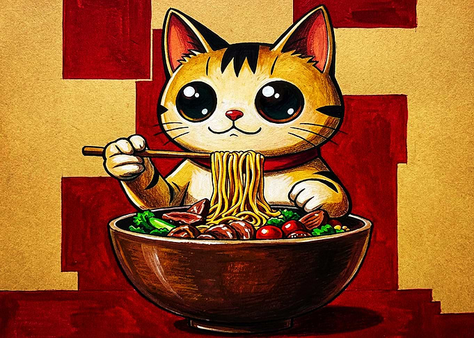 Cute Cat Eating Ramen Illustration