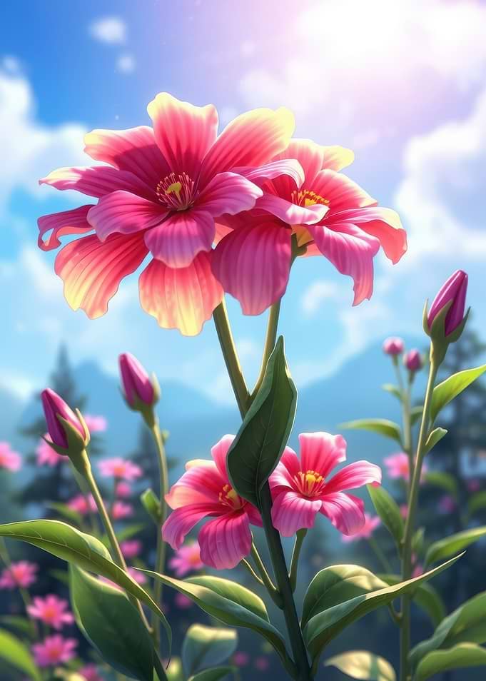Vibrant Pink Flowers Under Sunny Sky