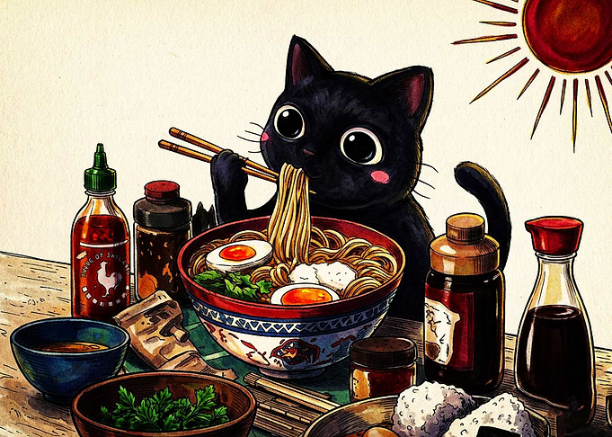 Cute Black Cat Eating Ramen