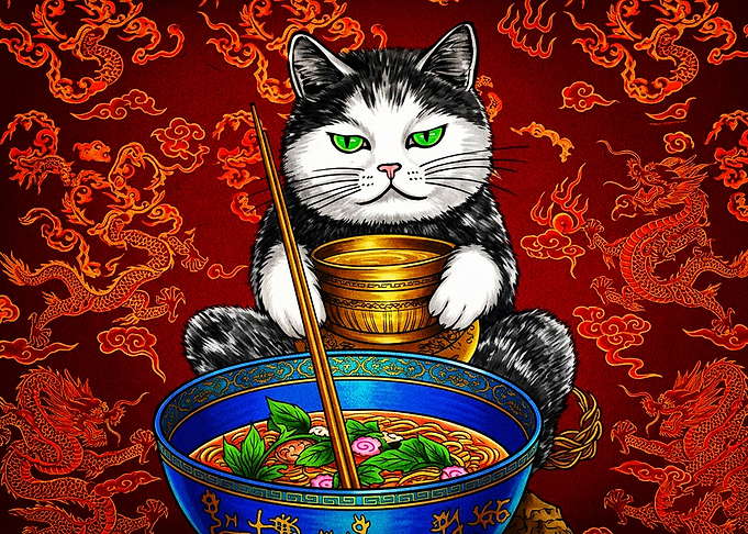 Cat Eating Ramen with Dragon Background