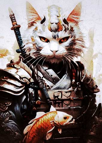 Samurai Cat Warrior with Koi Fish