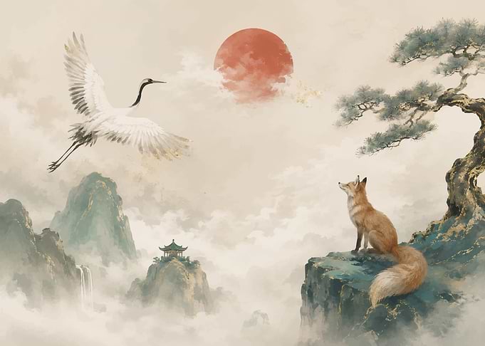 Fox and Crane in Misty Mountains