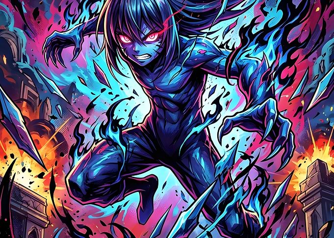 Fierce Anime Warrior in Blue Flames