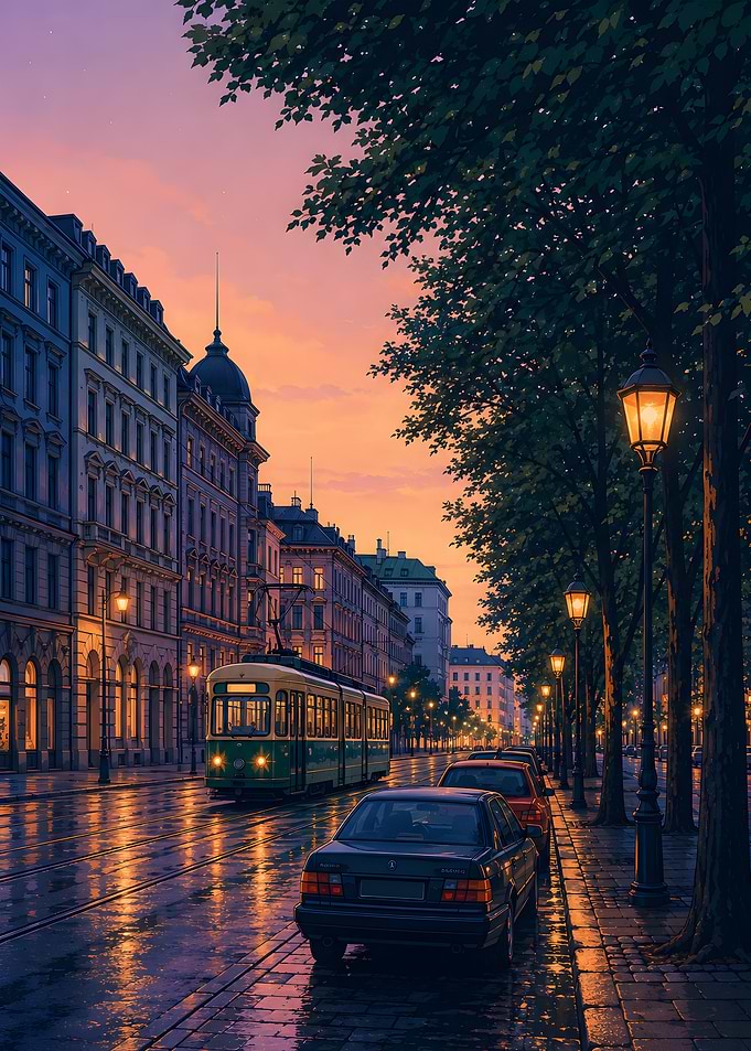 European City Street at Sunset