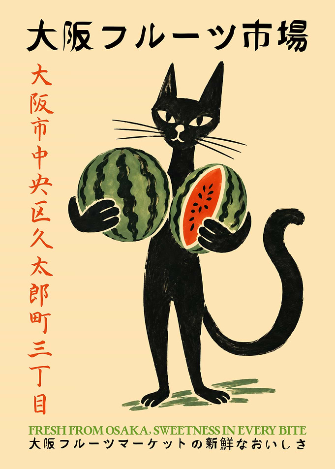 Vintage Osaka Fruit Market Cat Poster