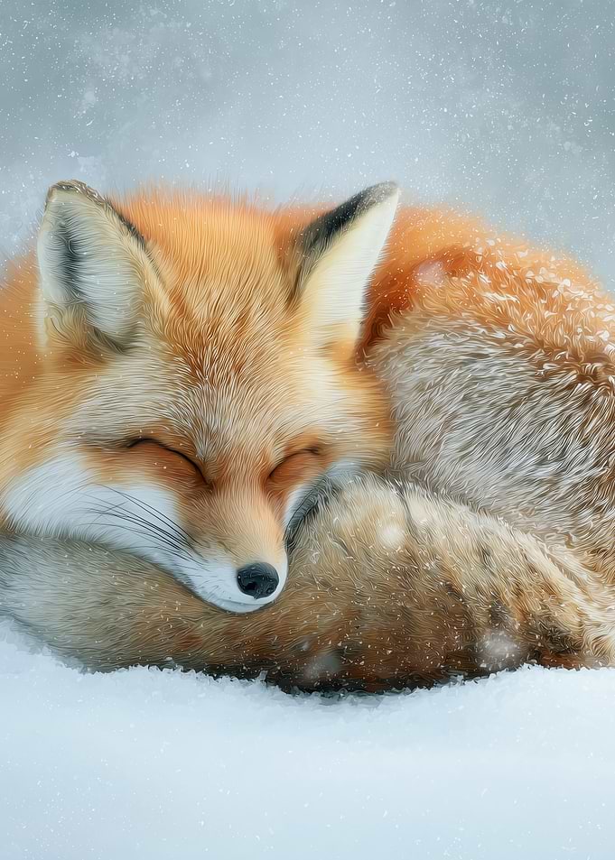 Sleeping Red Fox in Snow - Cozy Winter Wildlife Art