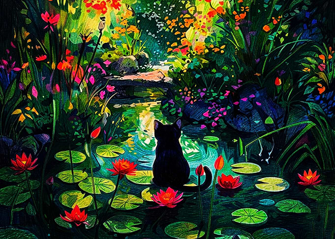 Black Cat by a Lotus Pond