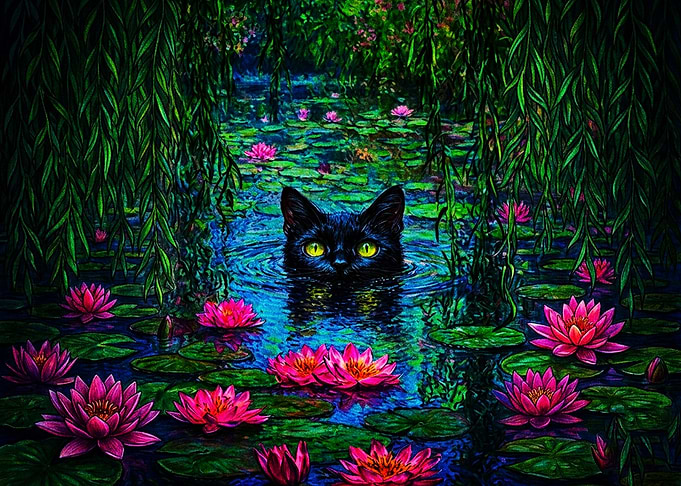 Black Cat in Lotus Pond