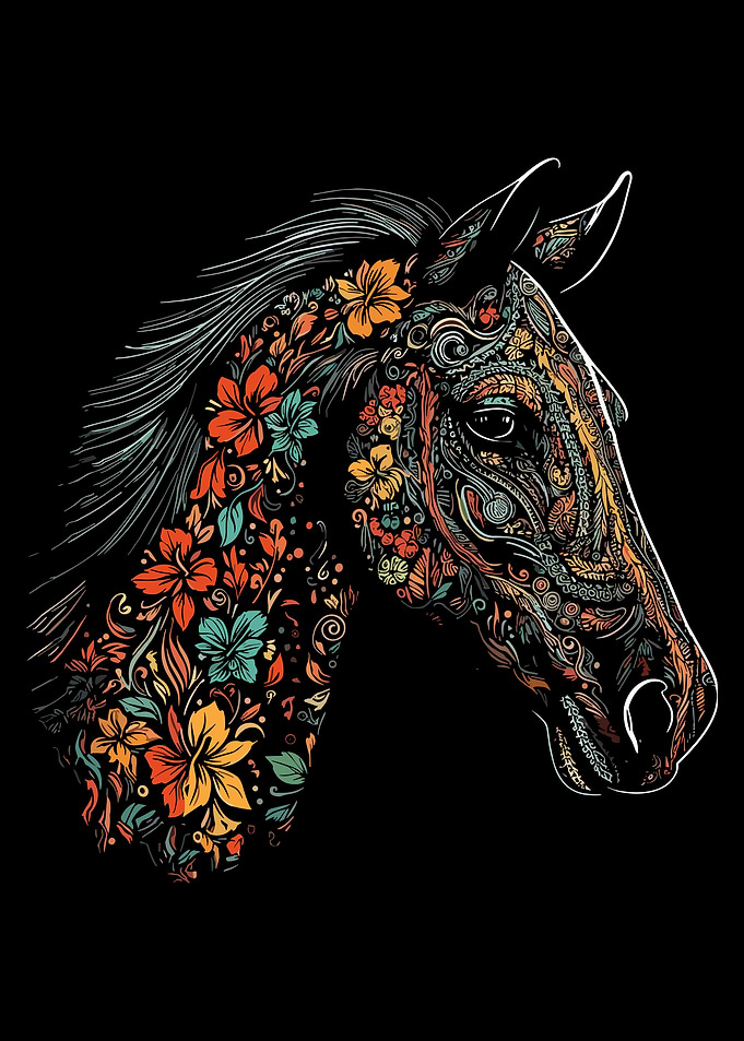 Floral Pattern Horse Head Illustration