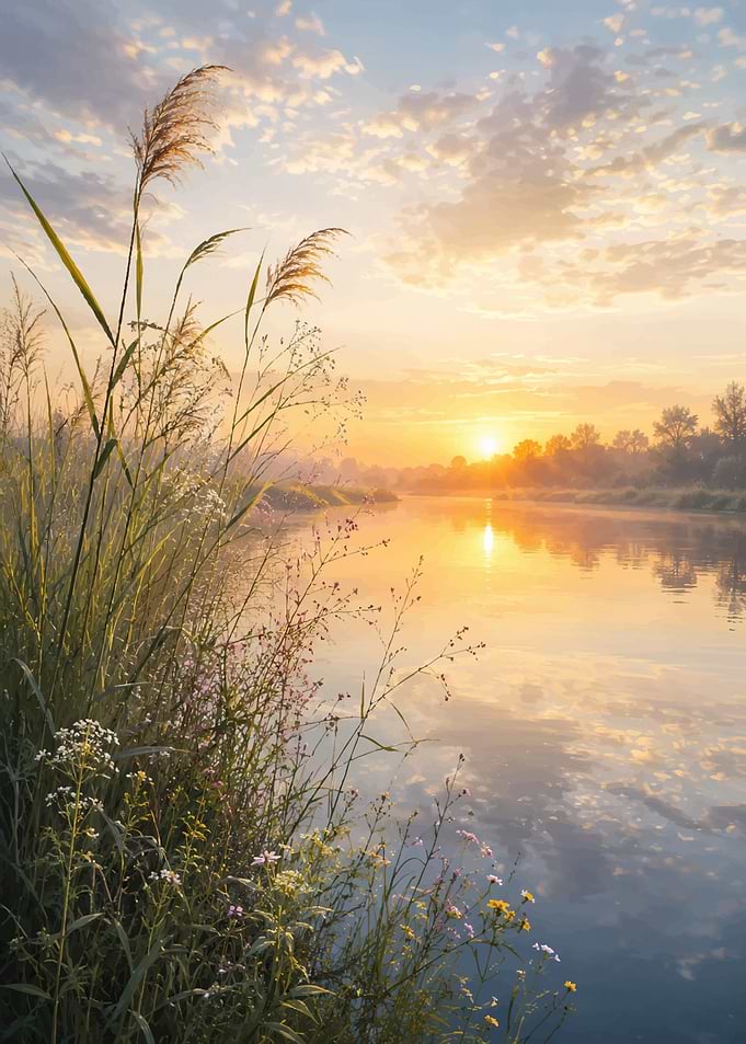 Golden Sunrise Over Calm River
